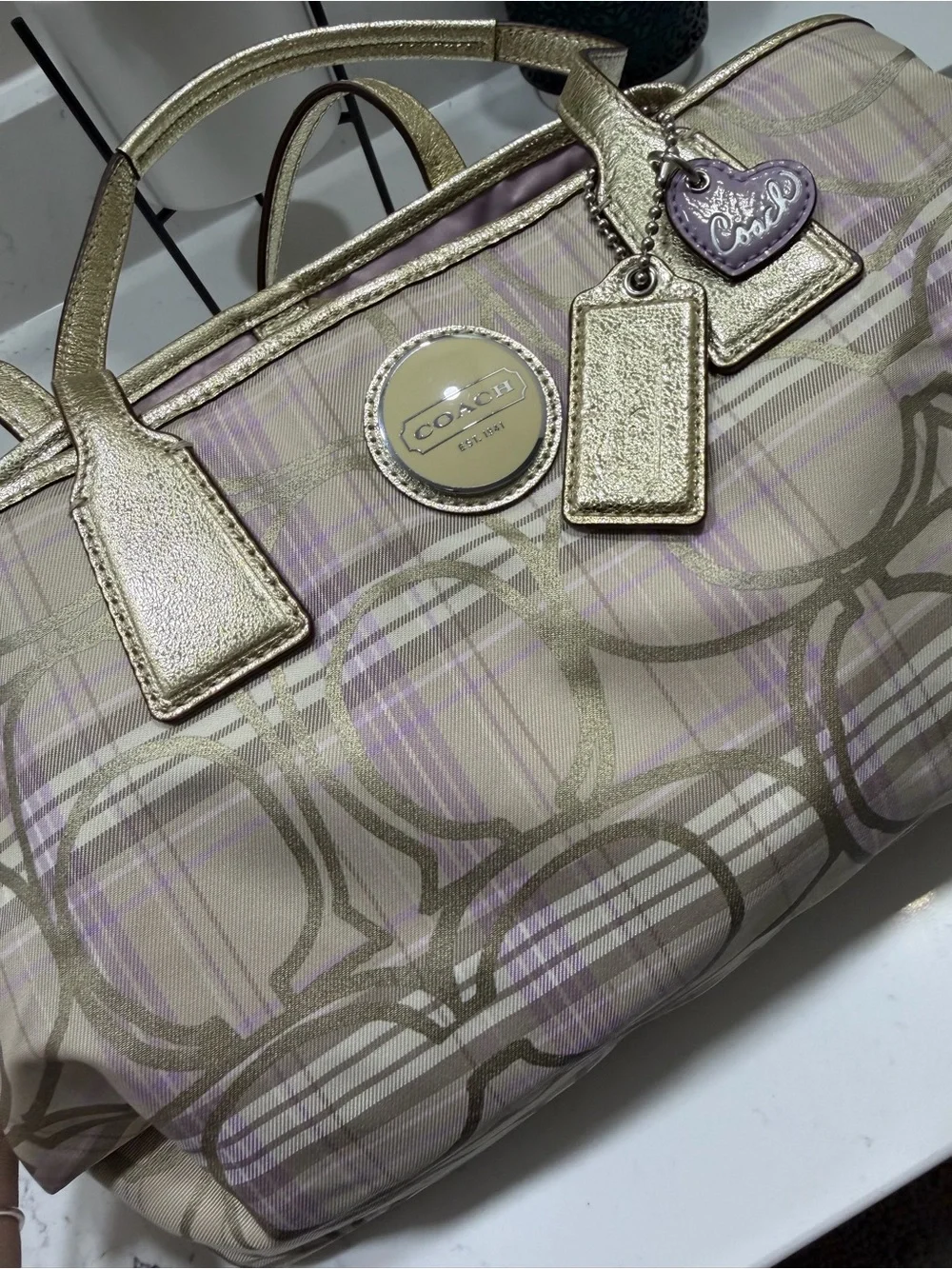 Coach F17213 Signature Plaid Tote Wallet Wristlet 3-Piece Set Beige Lavender - Picture 1 of 12